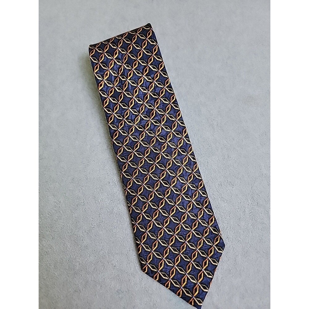 Vintage JZ Richards Silk‎ Tie Mens Blue Gold Geometric Nordstrom USA 80s 90s NEW